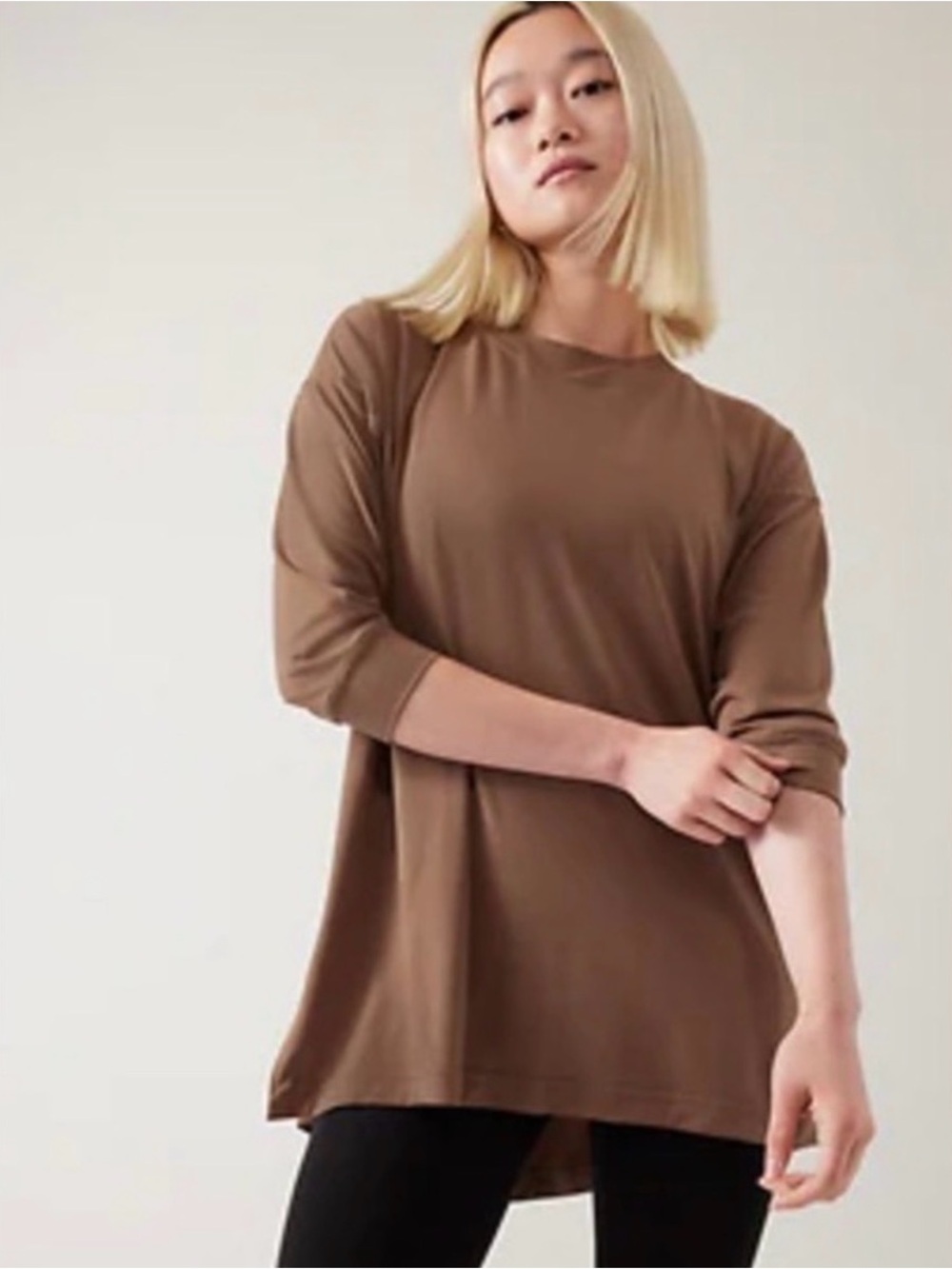 Athleta Brown Inspire Oversized Shirt Relaxed 3/4 Sleeve Crew Top
